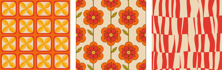 A vibrant set of three seamless vector patterns inspired by retro 60s and 70s aesthetics. This collection features vintage floral motifs, abstract geometric shapes, and wavy stripe illusions © argunika