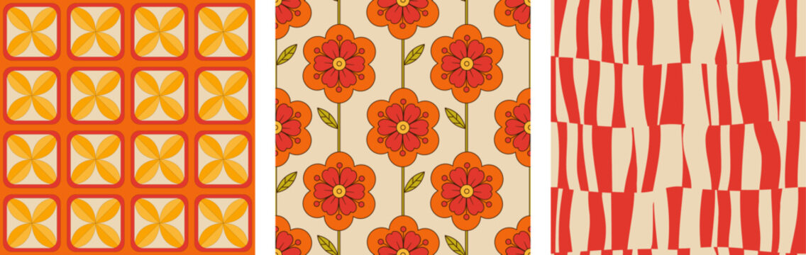 A vibrant set of three seamless vector patterns inspired by retro 60s and 70s aesthetics. This collection features vintage floral motifs, abstract geometric shapes, and wavy stripe illusions