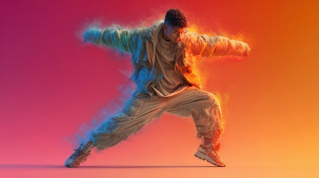 Dynamic dancer performs under vibrant colored lights in an energetic urban setting