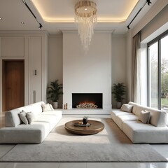 Fototapeta premium Luxurious living room interior design with fireplace. Modern apartment home decor, comfortable sofa. Elegant chandelier, contemporary style, cozy atmosphere, large window, natural light. Home design