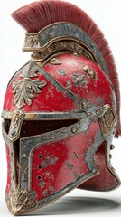 Obraz premium Ancient Roman helmet displayed on a white background showcasing intricate details and vibrant colors