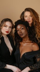 Obraz premium Three women in elegant clothes looking at the camera, useful for fashion and cosmetics ads.