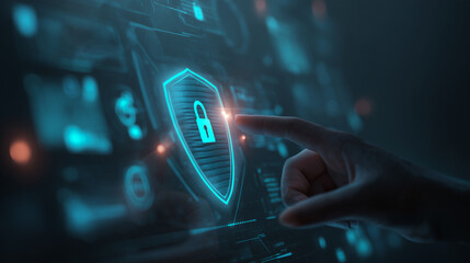 Digital security interface with glowing lock symbol and hand interacting with technology