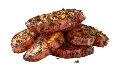 Delicious roasted sweet potatoes prepared with fall spices and herbs showcasing warm autumn flavors isolated on transparent background PNG