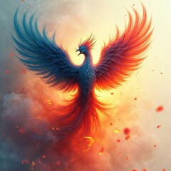 Fototapeta premium Colorful artistic representation phoenix rising in fire flames. Dynamic illustration bird transforming from ashes. Symbol of rebirth, inspiration, fantasy, creative design, vibrant colours, surreal