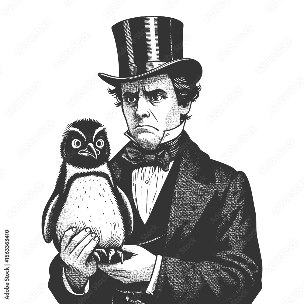 Poster victorian gentleman in a top hat holding a surprised penguin sketch engraving generative ai fictiona