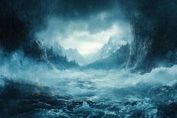 Dramatic stormy seascape with rugged mountains and dark sky