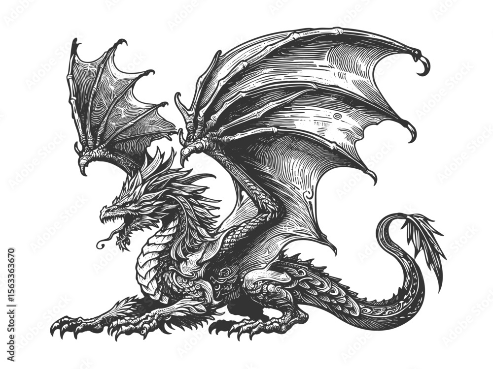 Poster dragon sketch engraving generative ai fictional character vector illustration. scratch board imitati