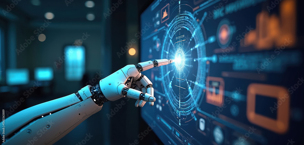 Aufkleber Robot hand interacts virtual screen. Machine-to-machine M2M communication technology concept. AI automation software, workflow, network, wireless industrial tech.