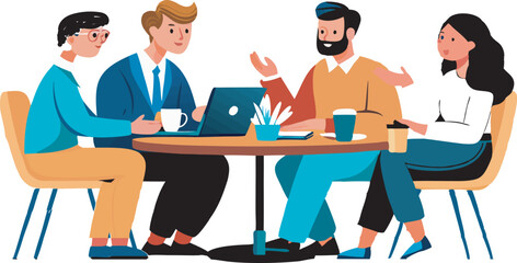 Stylized illustrations of diverse professionals engaged in collaborative meetings, highlighting teamwork, communication, and inclusivity in modern business settings