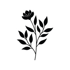 Elegant Black and White Floral Illustration Simple Flower and Leaves Silhouette.Black and white floral illustration. A simple, elegant, and stylized flower bouquet, showcasing a clean, minimalist desi