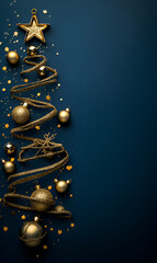 A dazzling golden Christmas tree arrangement with festive ornaments on a luxurious blue backdrop.