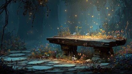 Wooden podium magical forest scene with glowing light, enchanted nature stage concept for fantasy art, story, or game design