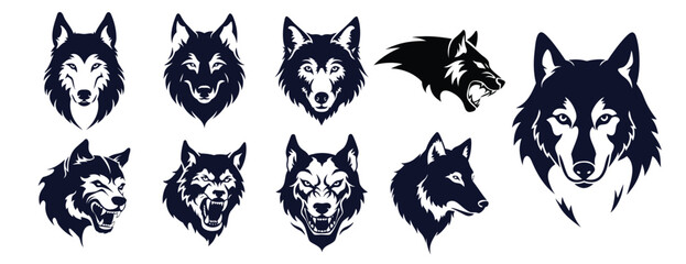 Wolf head , face, silhouette, vector illustration set for logo design and graphic design elements collection pack of wolves