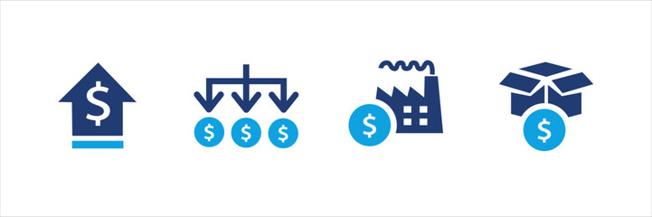 Set of blue financial and shopping icons with dollar signs, price tags, discounts, charts, invoices, and calculators. Business and commerce UI elements for web, app, banner, and print design.
