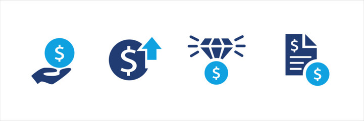 Set of blue financial and shopping icons with dollar signs, price tags, discounts, charts, invoices, and calculators. Business and commerce UI elements for web, app, banner, and print design.