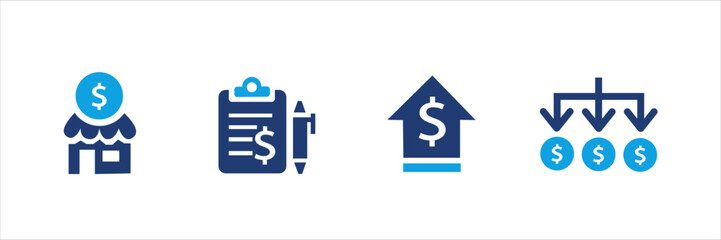 Set of blue financial and shopping icons with dollar signs, price tags, discounts, charts, invoices, and calculators. Business and commerce UI elements for web, app, banner, and print design.