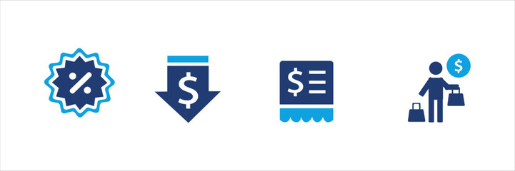 Set of blue financial and shopping icons with dollar signs, price tags, discounts, charts, invoices, and calculators. Business and commerce UI elements for web, app, banner, and print design.