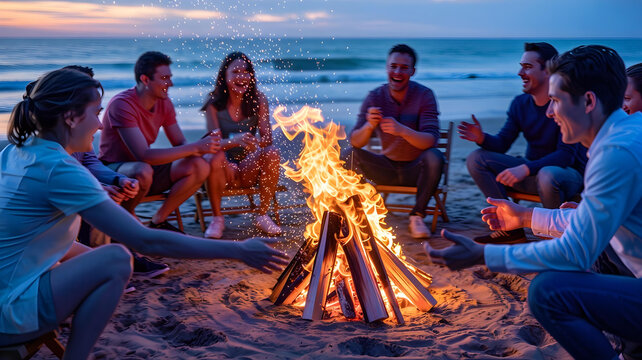 People socializing around a large bonfire on a beach by the sea.
