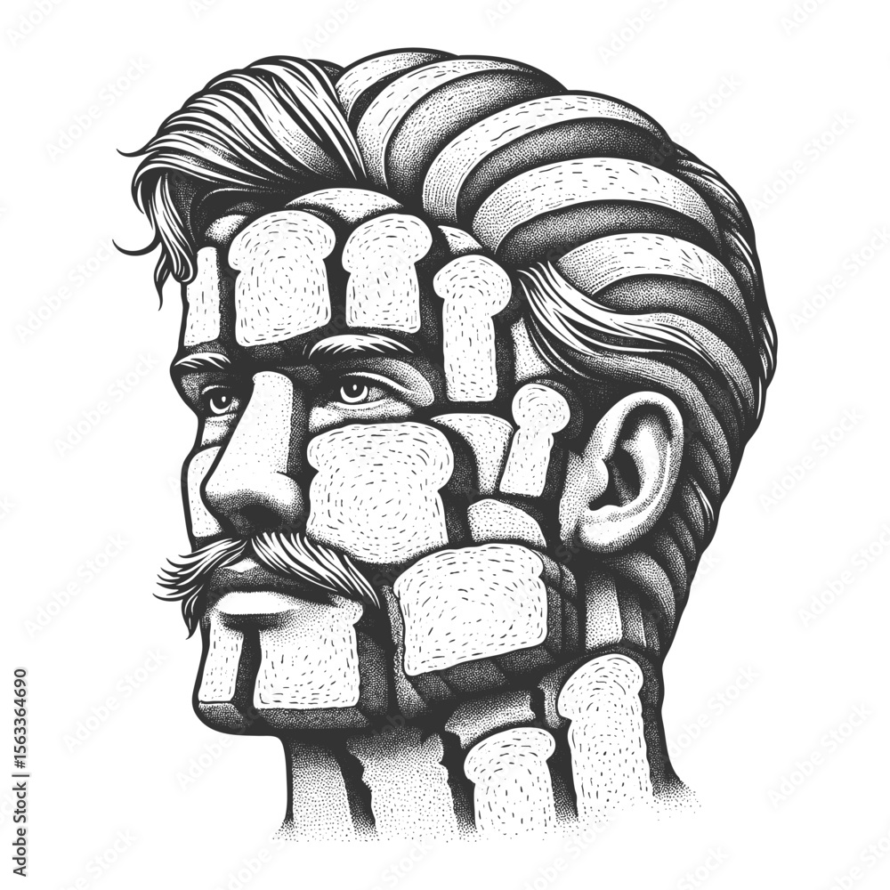 Poster man head and face made entirely of sliced bread pieces sketch engraving generative ai fictional char