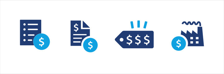 Set of blue financial and shopping icons with dollar signs, price tags, discounts, charts, invoices, and calculators. Business and commerce UI elements for web, app, banner, and print design.