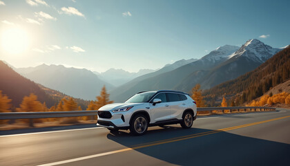 White SUV drives on highway mountain landscape. Vehicle road trip adventure in fall autumn season. Travel by automobile, experience freedom with car outdoors.