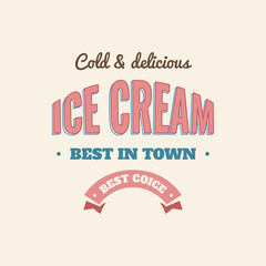 Ice cream pink banner. Sweet cold dessert social media advertising. Retro brand post with text. Branding for cafe or shop. Flat vintage Vector illustration.