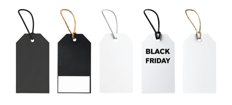 Black friday and generic tags hanging with string on transparent background