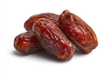 Four shiny brown dates are clustered together creating shadows on a white surface