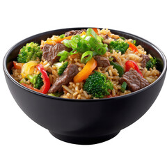 Fototapeta premium Delicious beef and broccoli stir fry with rice in a black bowl isolated on transparent background