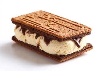 Ice cream sandwich with a tan and brown cookie filled with light yellow ice cream and chocolate syrup on a plain white surface