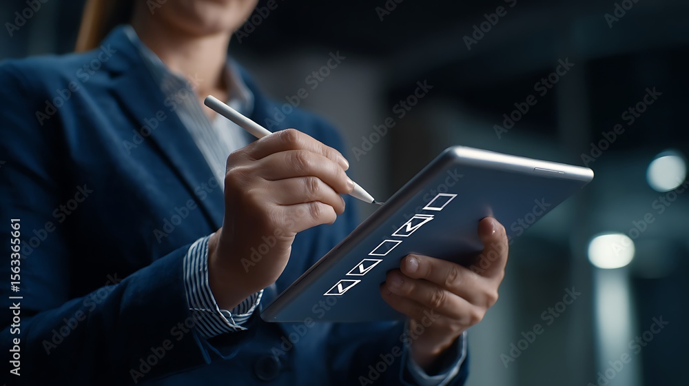 Poster businesswoman using a stylus to check off items on a digital checklist displayed on a tablet compute