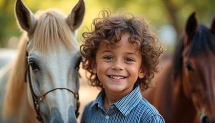 Young boy smiles at camera near two horses outdoors. Kid with curly hair is happy and cheerful. Child smiles with toothy smile enjoying summer day at farm. Boy with horse. Friendship concept.