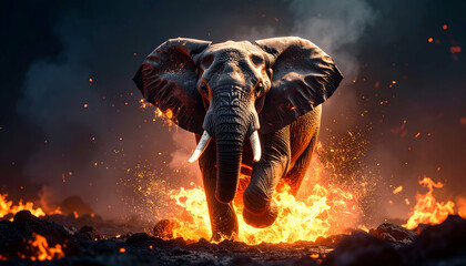 An imposing elephant emerges from a fiery inferno, its powerful presence dominating the scene.