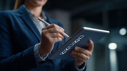 Businesswoman using a stylus to check off items on a digital checklist displayed on a tablet computer screen