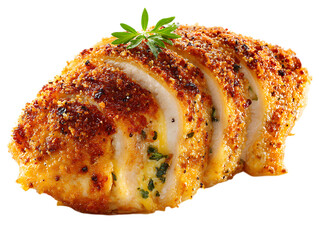 Crispy Breaded Chicken Breast Slices Stuffed with Herbs isolated on a transparent background image