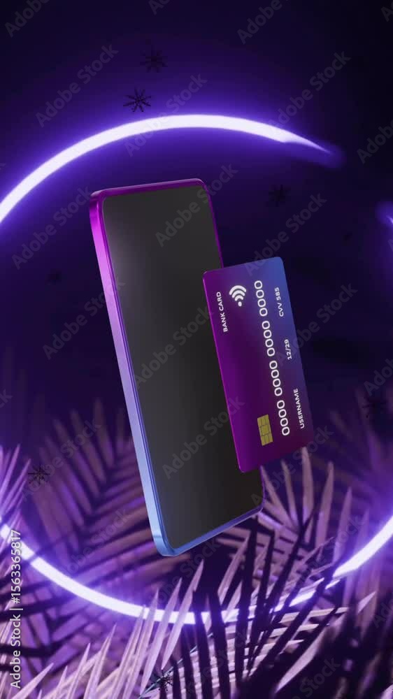 Poster animation of smartphone and credit card with data over glowing circle