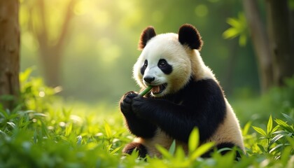 Panda bear eating bamboo. Black white mammal enjoys green foliage in forest habitat. Calm nature scene, wild animal in natural environment, endangered species in rainforest. Conservation concept.