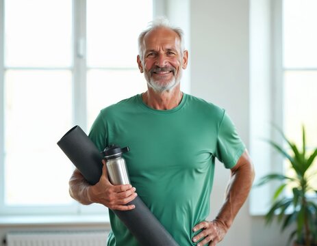 Smiling senior man poses after pilates workout at home. Elderly male holds fitness mat water bottle, smiling. Mature active retiree enjoys yoga class sport activity. Healthy lifestyle, well-being.