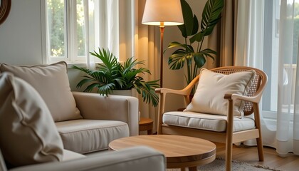 A calm and minimalist corner of the living room with a neutral sofa, rattan lounge chairs, warm lighting, lush indoor plants and soft curtains that gently filter natural light.