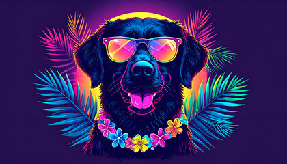 Cool black dog in neon sunglasses and a lei against a vibrant tropical sunset.