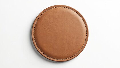 Round brown leather patch mockup with natural grain and stitching. Perfect for design logotype branding and custom personalized products. High resolution template for commercial use.