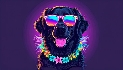 A cool black dog in vibrant neon sunglasses and a tropical lei exudes a playful summer party vibe