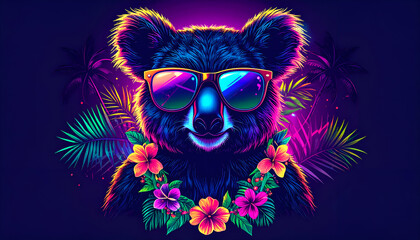Fototapeta premium A vibrant neon koala in cool sunglasses and a tropical lei radiates a playful summer party vibe.