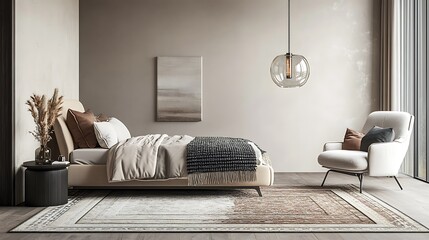 Stylish bedroom setup with accent chair, layered rugs, neutral color scheme, and glass hanging light fixture