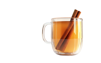 Clear glass mug filled with spiced apple cider and cinnamon sticks highlighting fall beverage traditions isolated on transparent background PNG