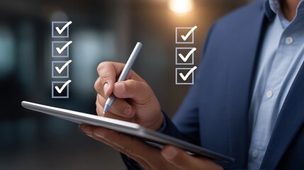 Businessman using a stylus on a tablet to check off items on a digital checklist with a blurred background and warm lighting
