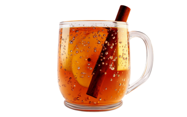 Warm autumn apple cider served in a clear mug with aromatic cinnamon sticks for cozy seasonal comfort isolated on transparent background PNG