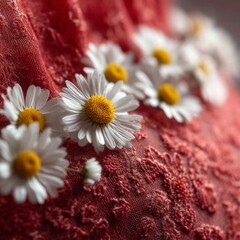 Fototapeta premium White Daisies on Red Lace Fabric