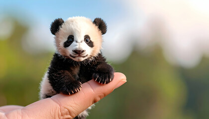 Fototapeta premium An incredibly tiny baby panda cub delicately balances on a human finger in a natural setting.